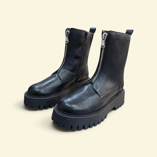 Womens  Genuine Leather Chunky Zip-Front Boots