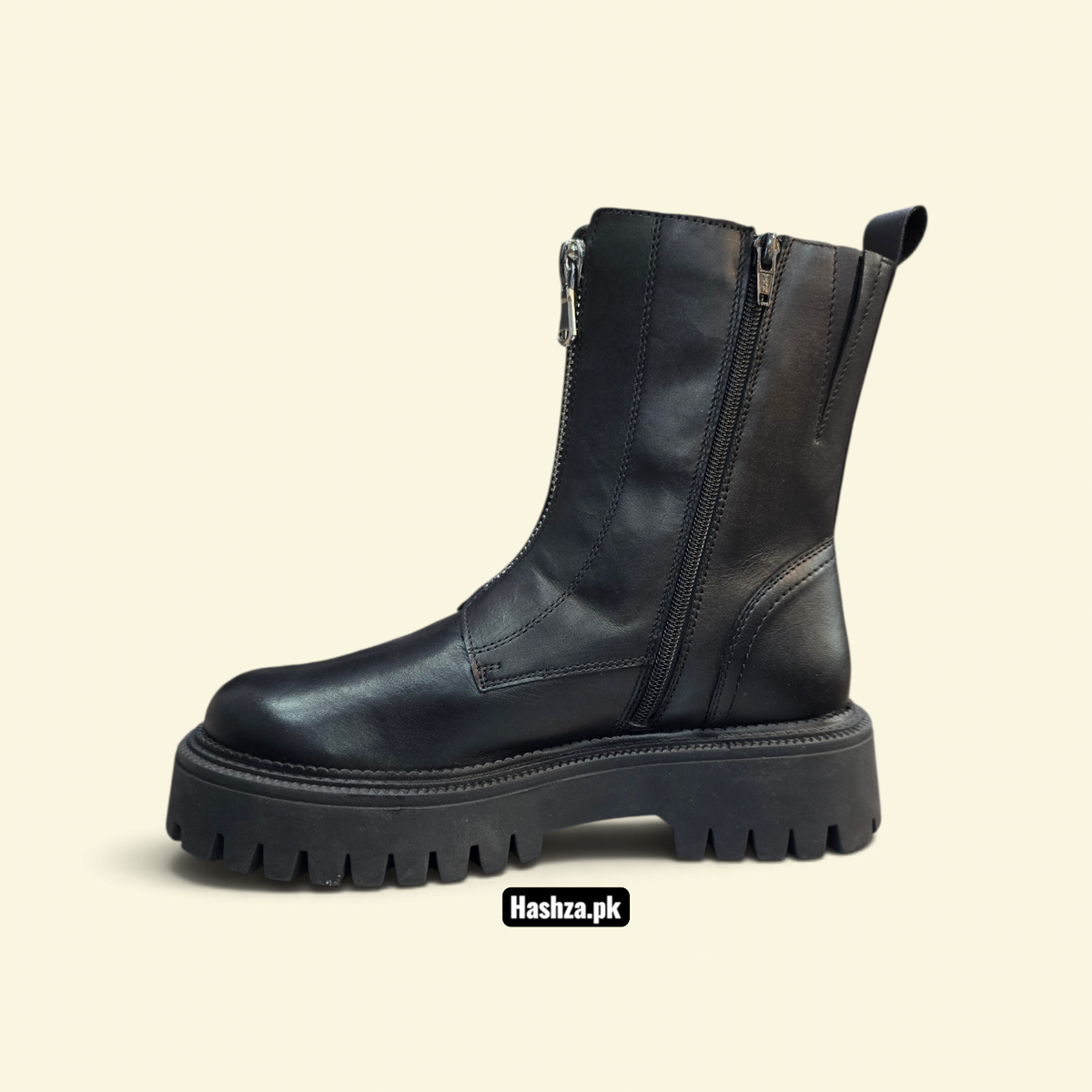 Womens  Genuine Leather Chunky Zip-Front Boots