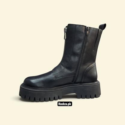 Womens  Genuine Leather Chunky Zip-Front Boots